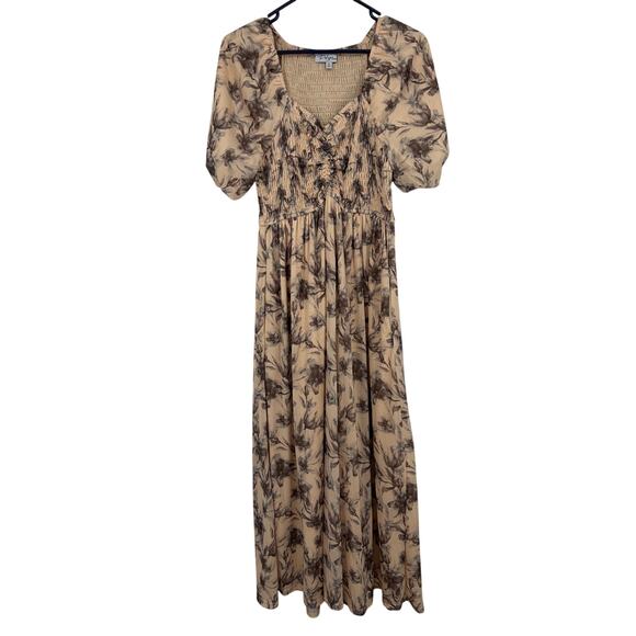 Polagram Dresses & Skirts - Polagram/Pink Blush Cream Floral Smocked Lined Midi Dress Size Medium